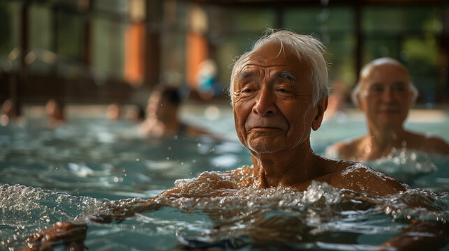 Elderly man participating in water aerobics at a swimming pool. Generative AI