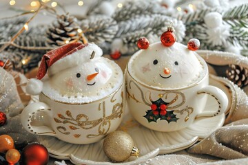Cup of hot cocoa with snowman and snowman on Christmas background