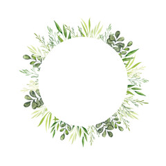 Watercolor round frame with green herbs. Illustration of a frame with a place for text Illustration of greenery of natural plants, botany. Design and decoration of wedding invitations, cards