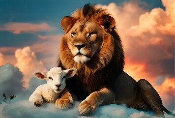 Most vibrant sky sunset with fiery tones. a lion and a lamb living in harmony. Large imposing powerful lion king representing the lion of Judah. The white lamb living in harmony with a large lion