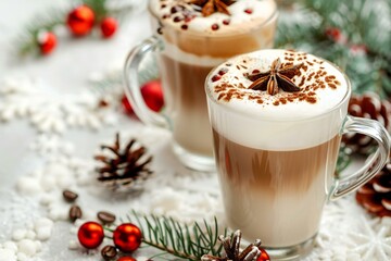 Obraz na płótnie Canvas Two cups of coffee with whipped cream, cinnamon, anise and christmas decoration