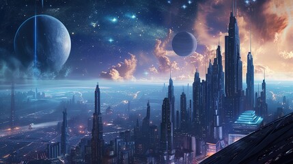 Celestial Cityscape. Modern city in the sky. Futuristic space city with technological. AI Generative