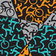 Triathlon icons, colorful dynamic background. 
Background with symbols of triathlon athletes, swimmers, cyclists, runner. Vector available.