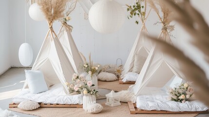 A boho themed slumber party with white teepees, white lanterns, floral arrangement. AI Generative
