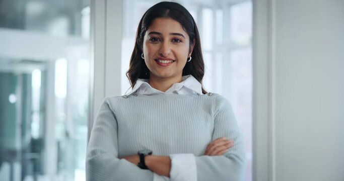 Arms crossed, corporate and smile with business Indian woman in office for professional administration. Company, portrait and trust with confident or happy employee at work for career development