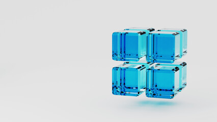 3D render of blue cube created with glass cubes. Technology futuristic symbol.