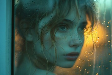 Close-up portrait of a beautiful girl with wet hair looking through the window in the rain