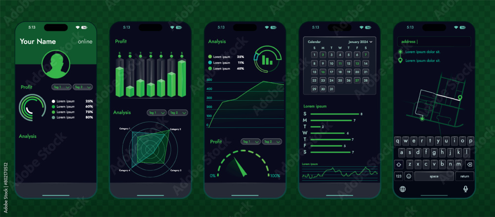 Poster a set of high-tech interface components. electronic panel display displays abstract graphics and inf
