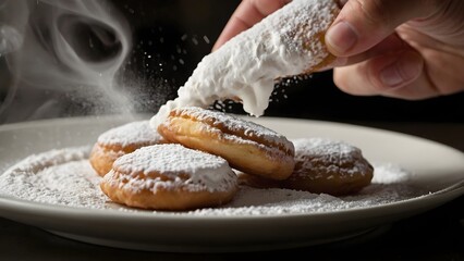 A closeup image of a chef sprinkling powdered sugar over a plate of beignets,generative AI