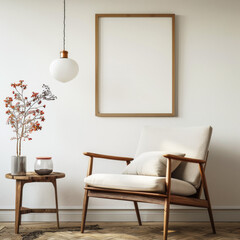 A white chair sits in front of a white wall with a framed picture and a vase of flowers. The chair is positioned in front of a table, and the room has a clean and minimalist design