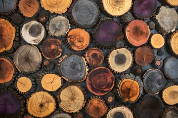 Wooden background with many sawn tree trunks, top view