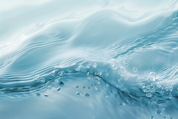 Close up of water surface with ripples and bubbles on blue background