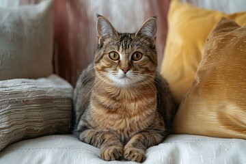 Cute tabby cat on sofa, close up,  Animal portrait