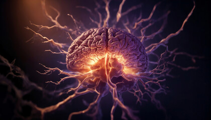 Concept of brain activity, impulses of synapses of human cerebral cortex synapses, bright on dark background