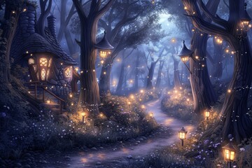 A night time forest with a path leading through it. There are small houses and lanterns along the path. The trees are tall and the branches are covered in leaves. The moon is shining brightly in the s