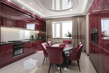 Modern Luxury Kitchen Interior with Elegant Red Accents and Glossy Finish