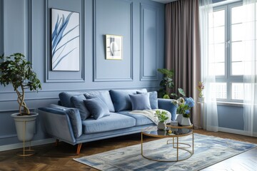 Elegant Blue Living Room Interior with Stylish Sofa and Decor Accents
