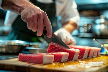 Professional Chef Precisely Slicing Fresh Sashimi in a Modern Kitchen