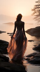 Fototapeta na wymiar Peaceful stock image of a woman in a flowing dress standing by a calm lake at dawn, with mist over the water, capturing a moment of solitude and beauty