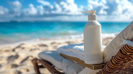 mock up bottle of sunscreen on beach chair