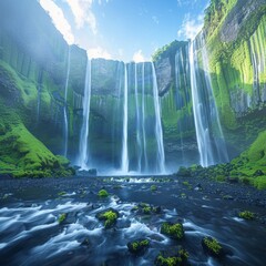 A tall waterfall in the middle of a green jungle with bright blue water