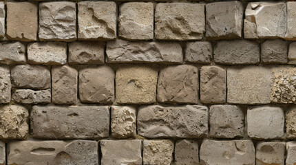 Fototapeta premium Stone Wall Texture. Brick Wall Background. Rough Stone Surface. Ancient Brickwork. Weathered Vintage Old Masonry Rustic Aged Architecture Pattern Urban Brown Grey Gray