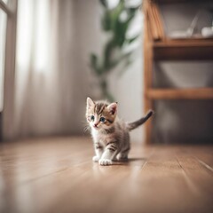 A kitten is playing in the house