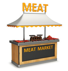 Market wooden stall, canopy kiosk mockup with fresh meat. 3d illustration on white background