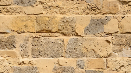 Fototapeta premium Stone Wall Texture. Brick Wall Background. Rough Stone Surface. Ancient Brickwork. Weathered Vintage Old Masonry Rustic Aged Architecture Pattern Urban Yellow