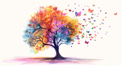 A vibrant artistic representation of a tree with multicolored leaves transitioning into butterflies, symbolizing change and nature's beauty on a light background.