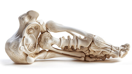 A highly detailed, artistic rendition of a human skeleton lying on its side, in a carved, ornate style on a white background.