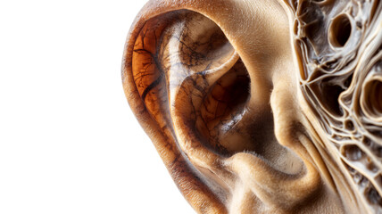 A highly detailed close-up of a human ear, showcasing intricate textures and patterns within its inner structures. - obrazy, fototapety, plakaty
