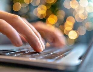 Close-up of a hand fast typing on a laptop, with motion blur. Generated with AI