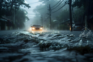 Braving the Torrential Monsoon Downpour Amid Floodwaters Surging Through the City Streets