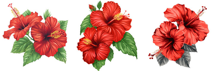 Set of tropical red hibiscus flowers on a transparent background