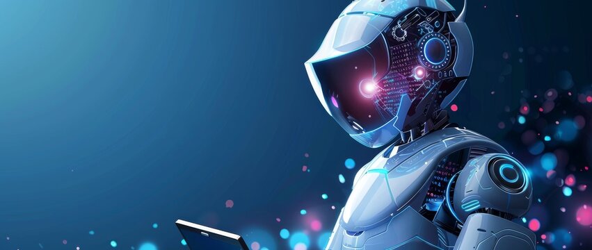Artificial intelligence robot and laptop with code, screen and gears on a blue background vector illustration for an AI technology website banner design concept