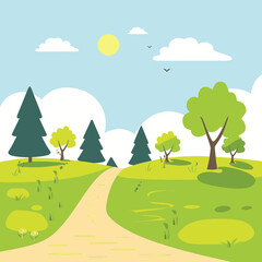 Obraz premium A path in a park with trees and a clear blue sky