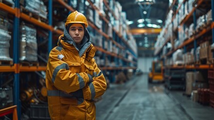 Obraz premium A male worker stands in a workshop against an industrial background.