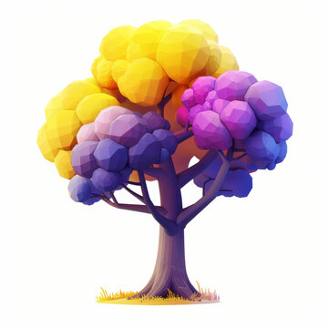A cartoon tree with purple, yellow and blue leaves, clip art 3d, isolated white background.
