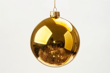 Obraz premium Close-up of a shiny golden Christmas bauble hanging against a white background with a reflection of the surrounding environment