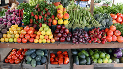 array of fresh fruits and vegetables arranged on a wooden table at a farmers' market, showcasing the colorful variety of nutritious produce available for individuals to incorporate - obrazy, fototapety, plakaty
