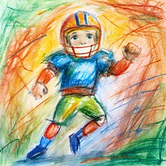 A vivid and imaginative child's drawing of a football player in action with dynamic lines and bold colors, showcasing creativity