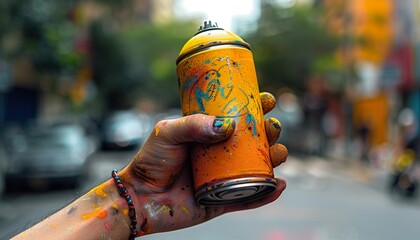 Naklejka premium street art artist holding spray paint can in the hand 