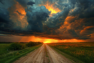 A stormy sky with a bright orange sun in the background