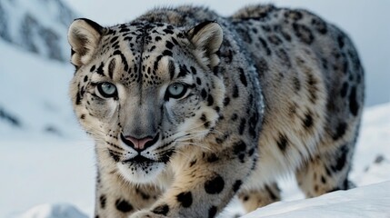 Obraz premium Majestic Snow Leopard in the snowy mountains, background image, stock photo