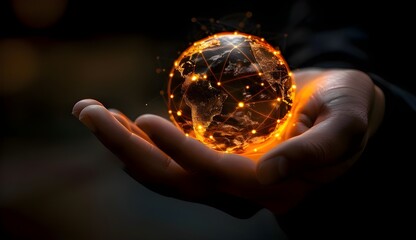 A hand holding the Earth with glowing data connections, symbolizing global connectivity and digital transformation in business. dark background