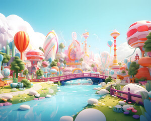 3d cartoonish summer dreamland in pastel color. fantasy world for kids