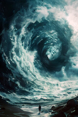 Colossal Swirling Vortex of Turbulent Ocean Waves Approaching in Dramatic Surreal Landscape