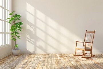 Fototapeta premium A wooden rocking chair sits in a bright room with a potted plant in the corner.