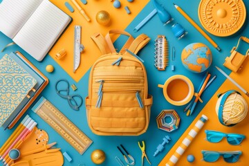 A yellow backpack is placed in the center of the image. The backpack is surrounded by school supplies, including notebooks, pencils, pens, a globe, and a ruler. The background is a bright blue color.